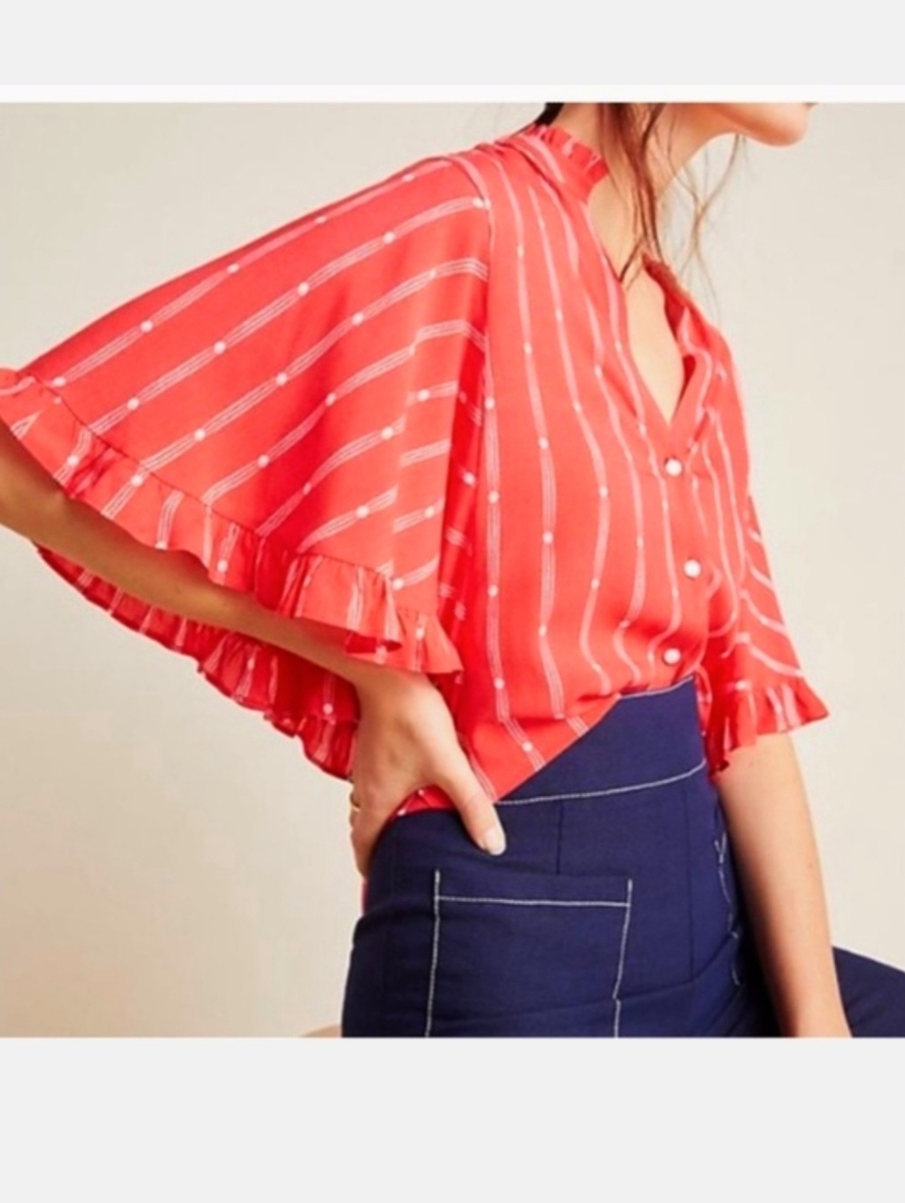 Maeve by Anthropologie Red Aveiro Flutter-Sleeve Buttondown Shirt, Size XS